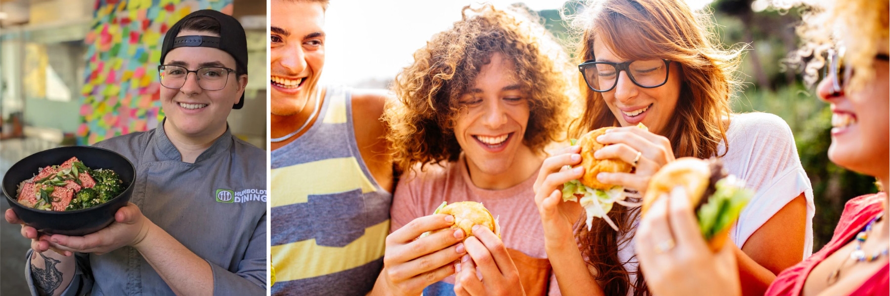 students with smiling faces eating hamburgers